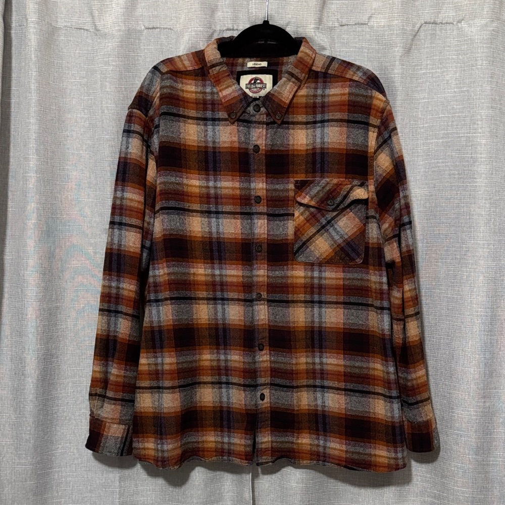 Men’s Cotton Flannel Button Up-Sz 3XL-Brown/Blue Plaid-Field & Forest-EUC